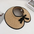 Khaki paper straw sun visor with black ribbon bow and wide brim for beach vacation - Contrast Empty Top - Black/Khaki