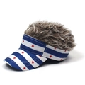 Detail view of the stars and stripes visor with attached wavy brown hair on top - Blue Red White Stars + Coffee Hair