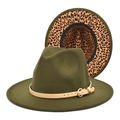 Detail of wool fedora hat with olive green felt surface and leopard print brim lining - M(56-58cm) / Army Green