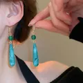 Long gold drop earrings with emerald green bead and marbled stone pendant for women - 55# Ear Hook-Green Marble Teardrop (HE24844)