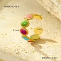 Detail view of 18K gold stainless steel open ring with colorful enamel inlay and dimensions - Adjustable Open / Gold/Colorful Enamel (NMSR-H342-1)