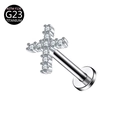 G23 titanium labret stud with zircon paved cross shape in ASTM F136 silver finish - Cross Style / 1.2*6mm / Silver