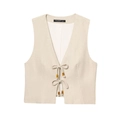 Gilet in lino beige da donna con chiusura a laccetti e perline in legno decorative - XS / Top (Beige)