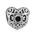 Antique silver heart charm bead with hollow patterns and center black stone inlay - Hollow Heart