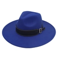 Royal blue wool fedora hat with wide brim featuring a black leather belt and silver buckle - Royal Blue Heart (Black Wide Leather)