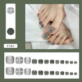 Dark green cat eye press-on toenails set with blue gemstone accents and silver glitter - Dark Green Cat Eye Style (Glue Type)