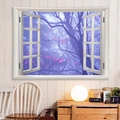 Tapiz de ventana 3D con bosque púrpura de ensueño y motivos de flores rosas - 150x130cm / Bosque Púrpura de Ensueño