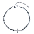Close-up of beaded strand with a horizontal cross charm and a secure lobster clasp - 4mm Cross Pendant All Metal Beads