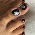 Square black toenail press-on nails featuring white daisies and pink floral designs - Black Base White Daisy Pattern Style (XH-95-11)
