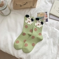 Green polka dot mid-tube socks with cute 3D cartoon dog, soft cotton knit material - One Size / Green/3D Polka Dot Dog