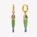 Gold plated stainless steel fish drop earrings with colorful blue and green enamel details - Gold-Blue Green