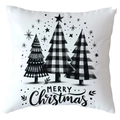 Dettaglio della federa bianca quadrata con alberi di Natale neri e motivi a fiocchi di neve - 45x45cm / Tre alberi testo di auguri