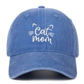 Close-up of white Cat Mom embroidery on navy blue washed denim baseball cap - One Size / Light Blue