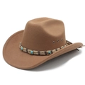 Classic brown felt western cowboy hat with wide brim and turquoise beaded band - M (56-58cm) / Khaki
