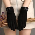 Elegant black touchscreen gloves for women with bow decoration for winter cycling - One Size / Leather Bow Black