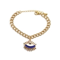 Goldenes Gliederarmband mit blauem Auge-Anhänger und bunten Zirkonsteinen auf weißem Grund - Blauer Emaille Herz Stil (00105蓝)