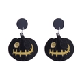 Detail of Halloween black acrylic pumpkin earrings with contrasting yellow facial expressions - Black Jack-o'-lantern Style