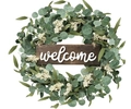 Artificial eucalyptus wreath with white berries and wooden welcome sign for front door - Natural Style Welcome Sign Eucalyptus (RFW23008)