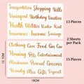 Gold calligraphy budget planner stickers for expense tracking in 19x12.1cm size - 28 Pcs Gold English Script
