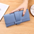 Slim tri-fold light blue faux leather wallet for women with decorative buckle and stitching - Sky Blue