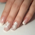 Handmade press-on nails featuring nude blush base with white floral art and rhinestones - K053【24pcs】 / Boxed (jelly Gel + Granules)