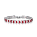 Detail view of silver tennis bracelet with alternating red and white baguette cut zircons - 17cm / Silver+White & Red Stone