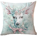 Square mint green Christmas pillowcase featuring a white reindeer with floral and berry motifs - White Reindeer with Wreath