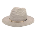Close-up of lightweight woven straw fedora featuring a decorative gold metal band detail - M (56-58cm) / Light Gray