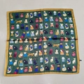 Green square silk scarf with cartoon cat patterns and mustard yellow hem design - Fantasy Cat Dark Green Handkerchief / 65