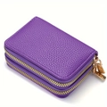 Purple leather accordion card wallet with dual gold zippers and litchi texture finish - Purple