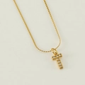 Elegant gold stainless steel necklace with sparkling rhinestone paved cross pendant - Letter T