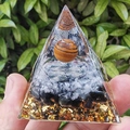 Tiger Eye and Obsidian crystal pyramid resin ornament with gold foil and copper spirals - Tiger Eye 3-Spiral Obsidian / Small