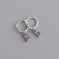 Detail of silver hoop earrings featuring rectangular purple gemstone pendants - Rectangular Purple Rhinestone Earrings (S-E1538) / Silver