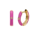 Detail of pink enamel hoop earring with gold metal finish and sparkling zircon center - Round Hoop / Pink Gold