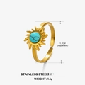 Adjustable stainless steel sun ring in gold finish with turquoise stone inlay - Turquoise Ring