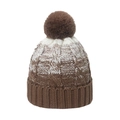 Gorro de invierno de punto trenzado con pompón en hilo marrón mezcla y forro polar suave - M (56-58cm) / Marrón
