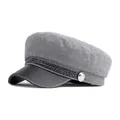 Classic grey wool baker boy hat with black faux leather brim and metallic button detail - Light Gray