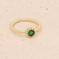Detail of gold beaded open ring featuring a single round green synthetic gemstone - Adjustable Open / Round Bead Center Stone Style (8#)
