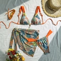 Bikini de tres piezas con estampado de cachemira y pareo a juego en tonos naranjas - S / Conjunto de 3 piezas naranja