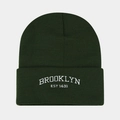 Detail of white Brooklyn embroidery on a dark green knit beanie with folded cuff - Army Green
