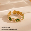 Adjustable golden stainless steel ring featuring green and white daisy flower patterns - 853-7 / Gold