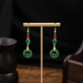 Traditional Chinese style green jade hoop earrings with red beads and golden leaf charms - Green Ring Red Bead Metal Leaf Style (E3718)