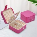 Boîte à bijoux portable en cuir PU rose avec miroir et rangement à compartiments - Style miroir avec bouton-pression / Rose rouge