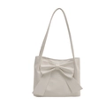 Creamy white large bow tote bag in smooth PU leather with long shoulder strap - White