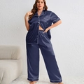 Damen Übergröße Marineblau Seidensatin Schlafanzug Set mit weißer Paspelierung und Hemd - 1XL / Marineblau