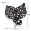 Vintage gunmetal leaf brooch with black rhinestones and large grey pearl detail - Artificial Pearl Leaf (xz4148)