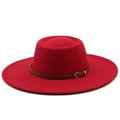 Detail of red wool fedora hat featuring a brown leather strap and metal buckle - M (56-58cm) / Red