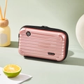 Pink hard shell crossbody makeup bag with vertical stripes and metallic finish - Makeup Storage Bag / 7" / Rose Gold