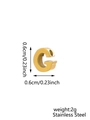 Macro detail of gold stainless steel letter G pendant with size and weight info - Letter-G / Steel