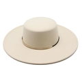 Sombrero boater beige de ala ancha con cordón negro y detalle de metal dorado elegante - M(56-58cm) / Beige